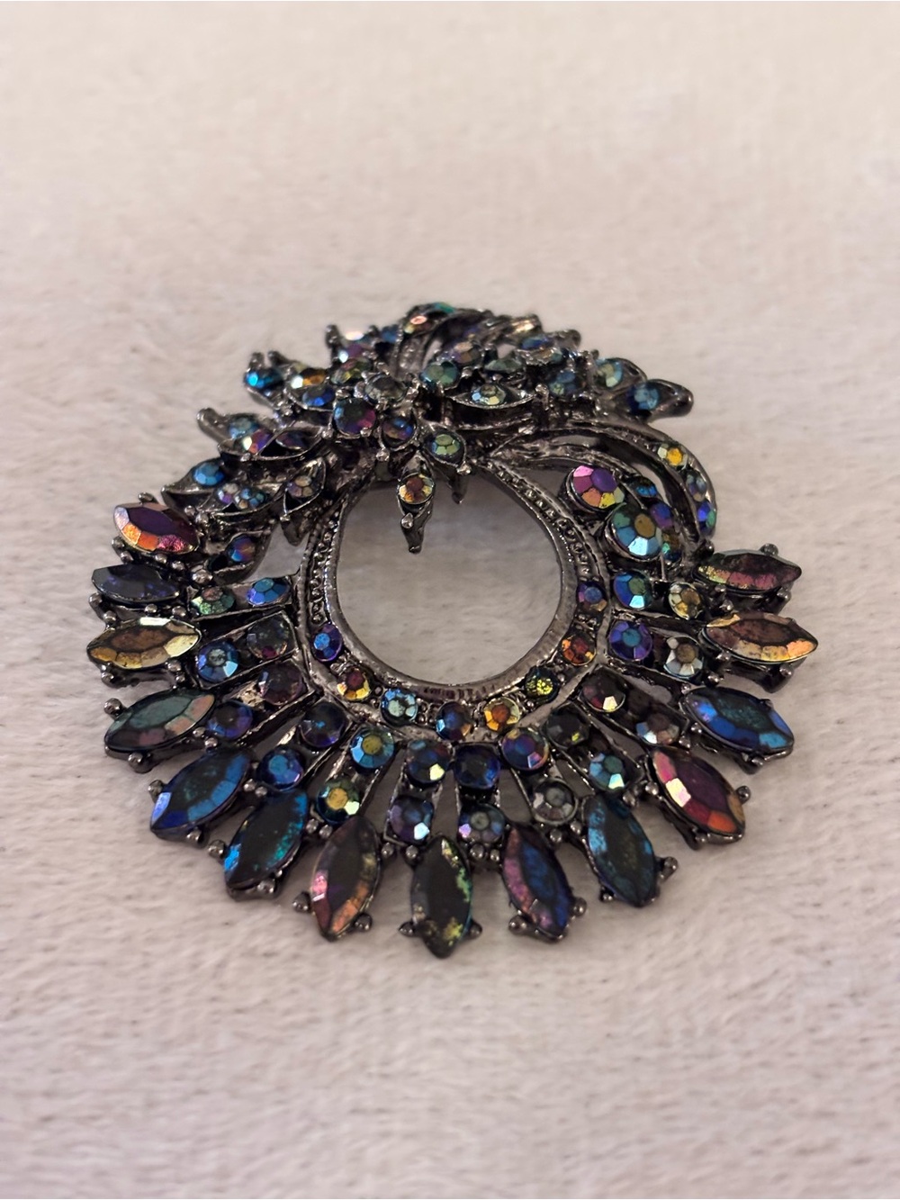 Unsigned AB Rhinestone Floral Wreath Brooch Gunmetal Statement Pin